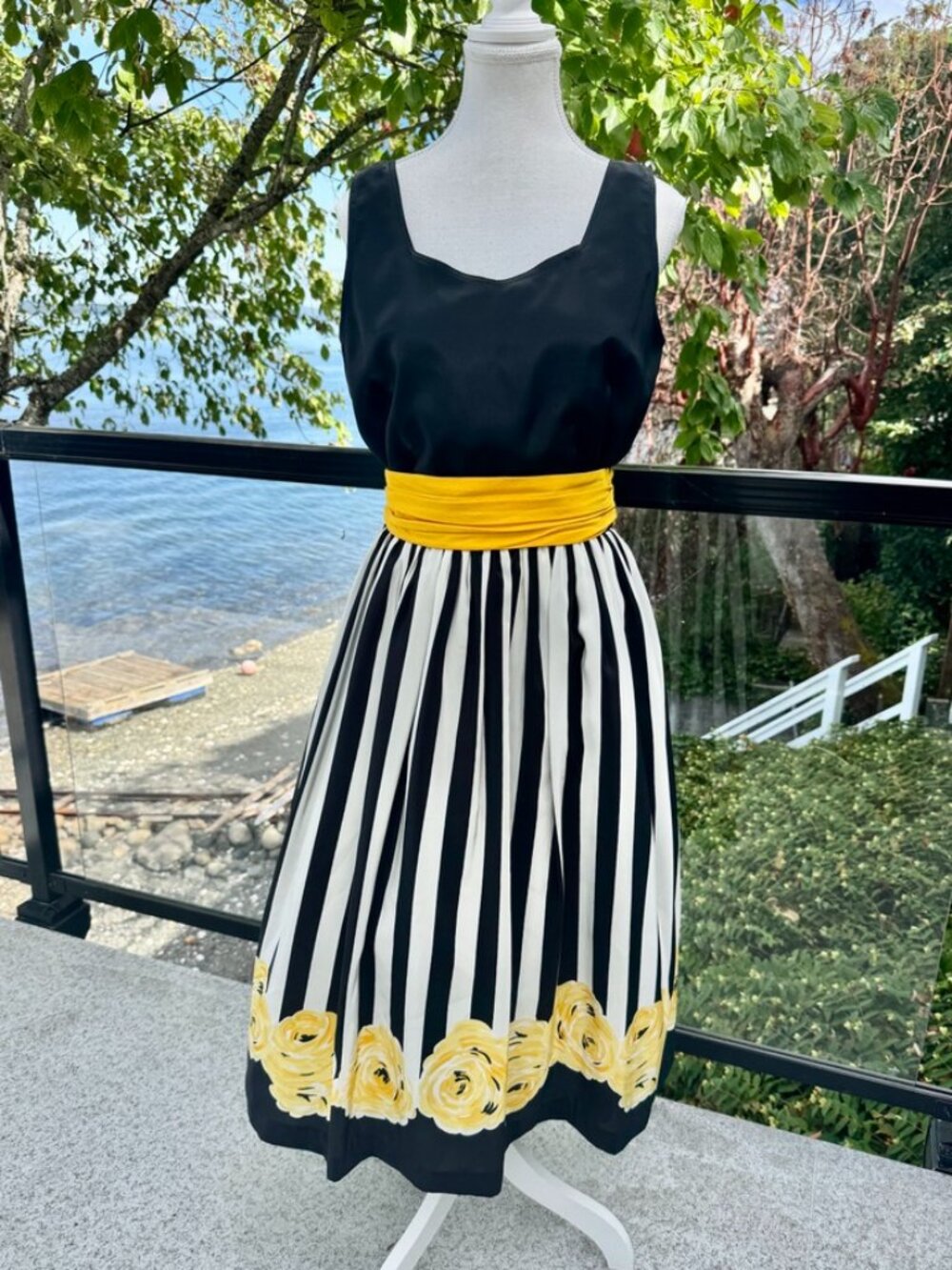 Vintage Farouche by Lori Weidner Swing Dress Black White Stripes Yellow Roses
